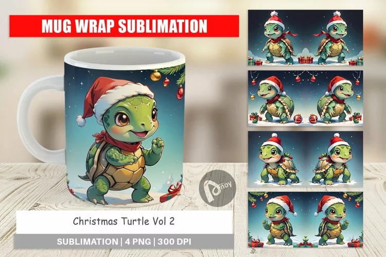 Mug Wrap Design Cartoon Christmas Turtle