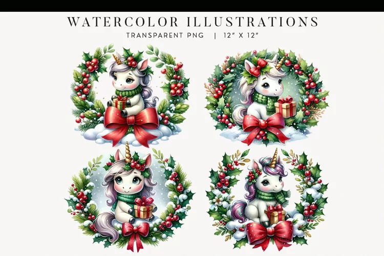 Christmas Unicorns Watercolor Clipart