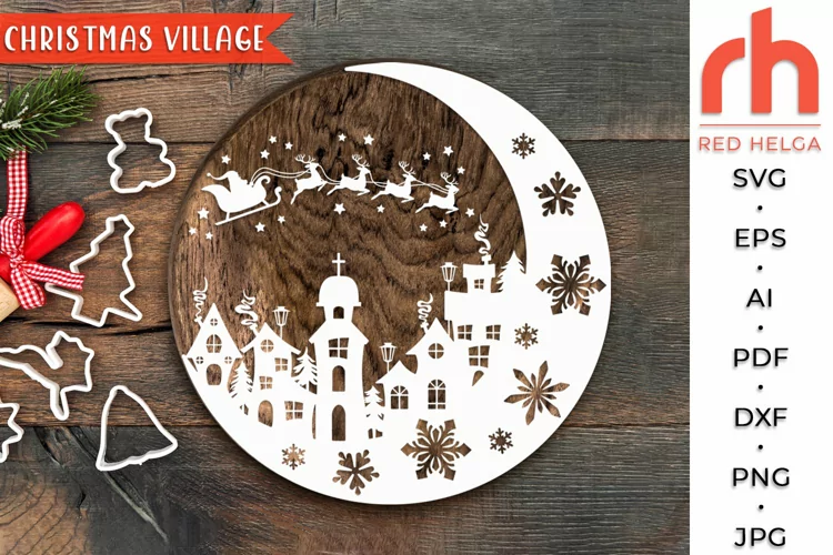 Christmas Village SVG, Xmas Town Cut File, Moon Scene DXF