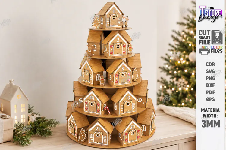 3D Tiered Wooden Christmas Village Advent Calendar Laser Cut