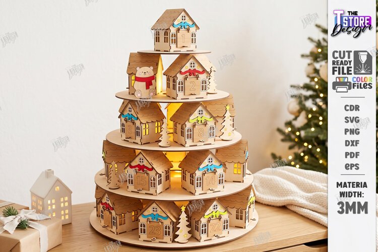 3D Tiered Wooden Christmas Village Advent Calendar Laser Cut example image 1