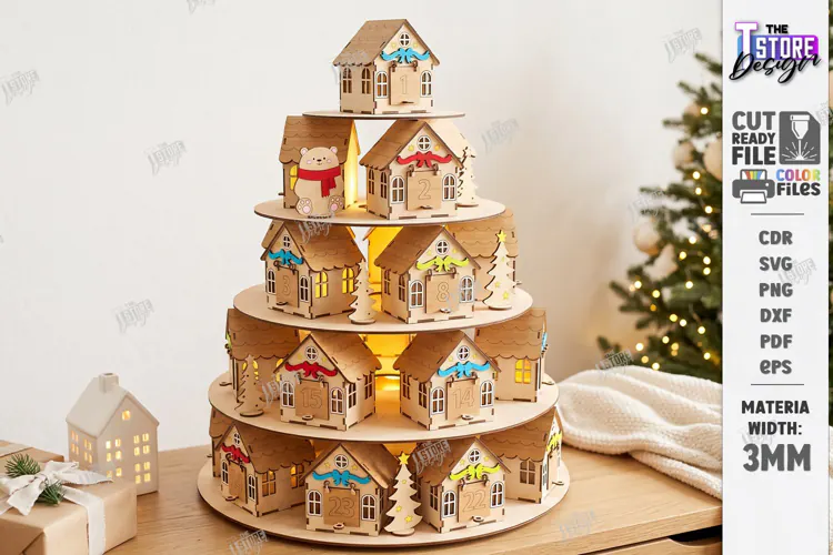 3D Tiered Wooden Christmas Village Advent Calendar Laser Cut