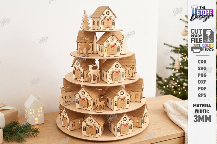 3D Tiered Wooden Christmas Village Advent Calendar Laser Cut example image 1