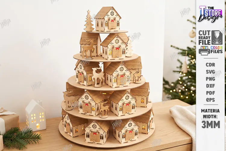 3D Tiered Wooden Christmas Village Advent Calendar Laser Cut