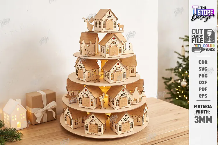 3D Tiered Wooden Christmas Village Advent Calendar Laser Cut