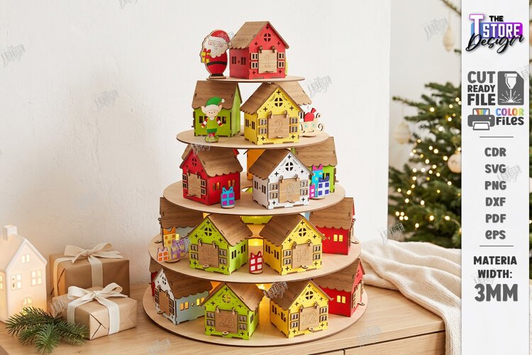 3D Tiered Wooden Christmas Village Advent Calendar Laser Cut example image 1