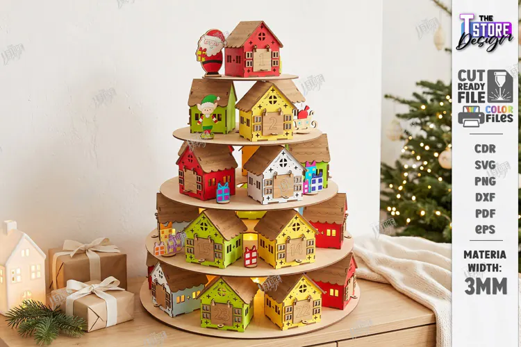 3D Tiered Wooden Christmas Village Advent Calendar Laser Cut