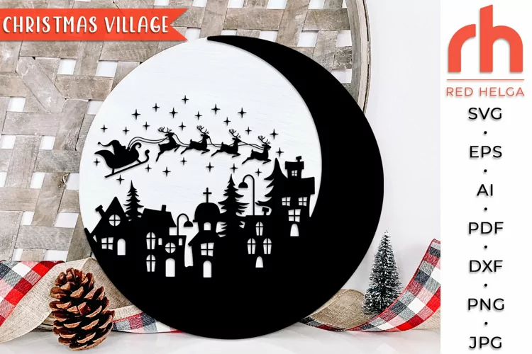 Christmas Village SVG, Xmas Town Cut File, Moon Scene Vector