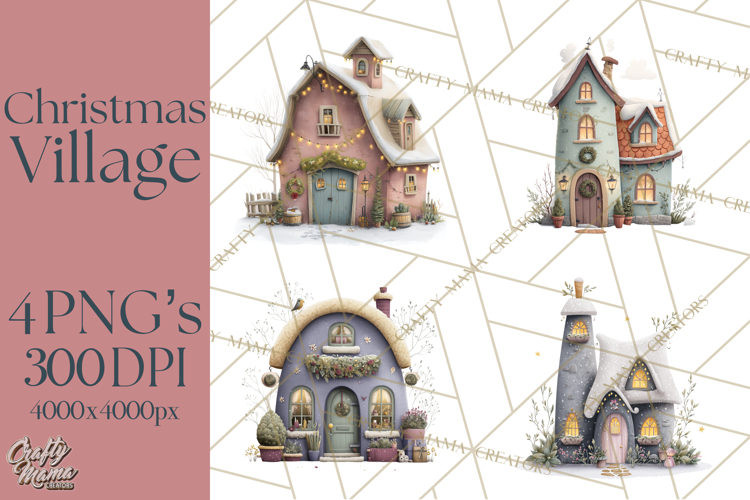 Christmas Village Houses Clipart, Festive Winter Homes PNG