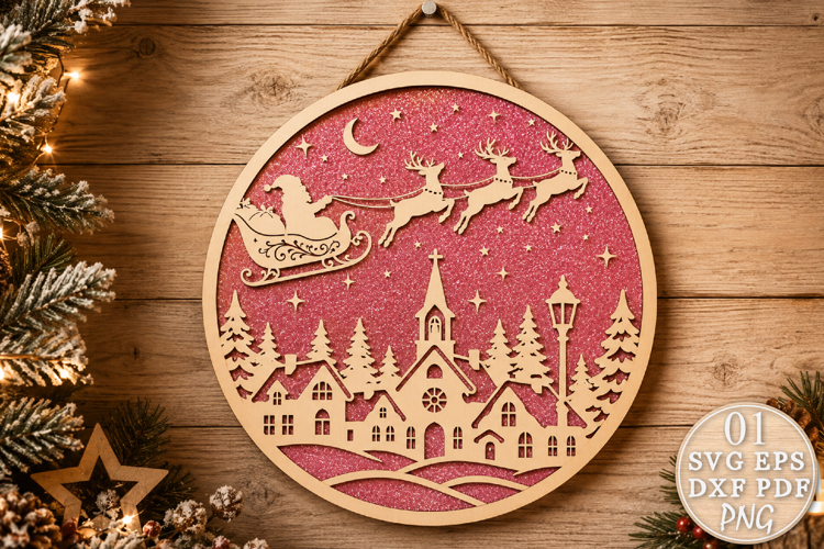 Christmas Village Laser Cut SVG, Santa Sleigh Flying Reindee