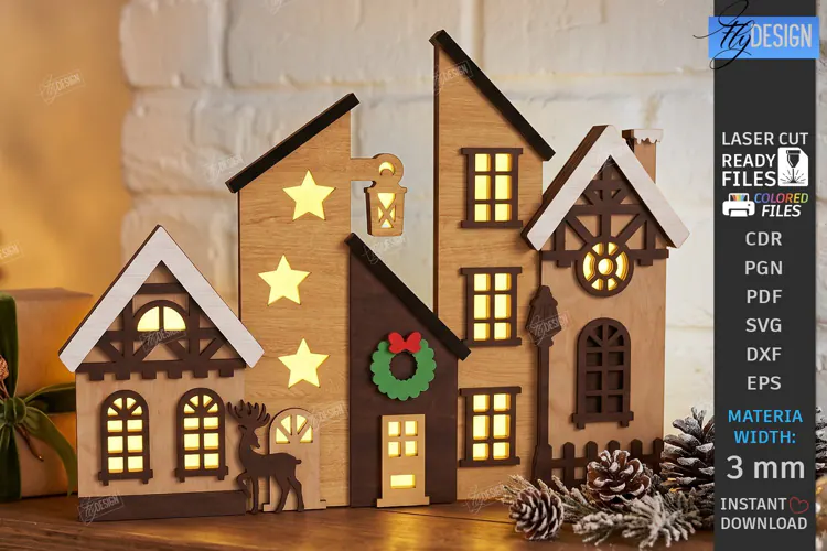 3D Christmas Village Lighted Stand Laser Cut | Holiday Decor