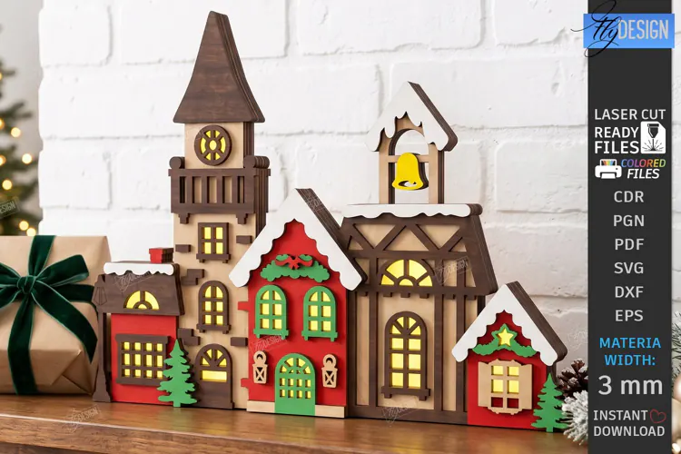 3D Christmas Village Lighted Stand Laser Cut | Holiday Decor