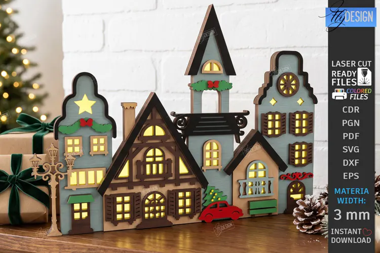 3D Christmas Village Lighted Stand Laser Cut | Holiday Decor