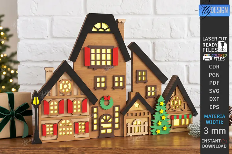 3D Christmas Village Lighted Stand Laser Cut | Holiday Decor