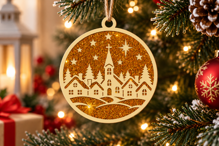 Christmas Church Village Gold Glitter Layered SVG File