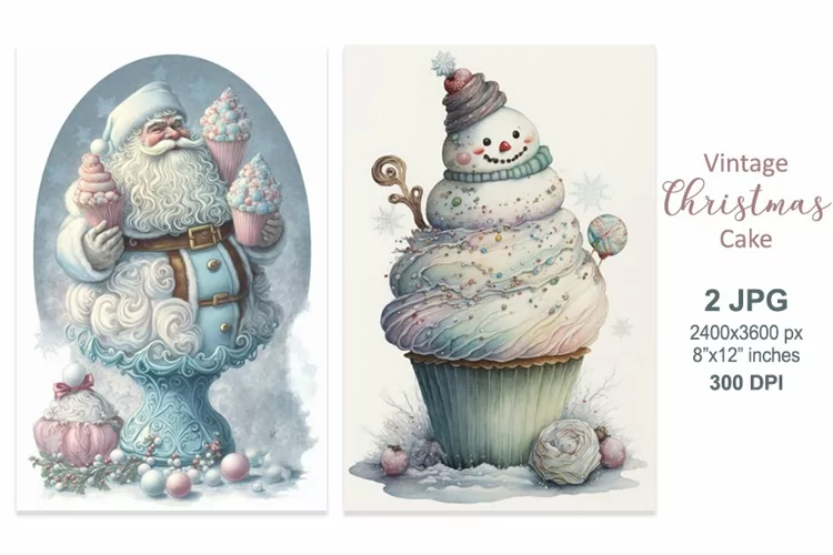 Santa Claus Snowman Christmas cake, Vintage Christmas Cards