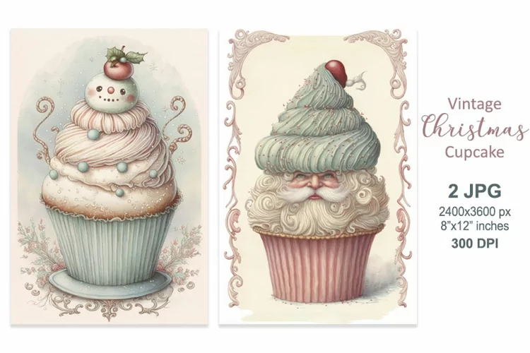 Vintage Christmas Cards, Snowman Santa Claus Christmas Cake