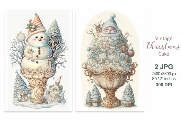 Santa Claus Snowman Christmas cake, Vintage Christmas Cards
