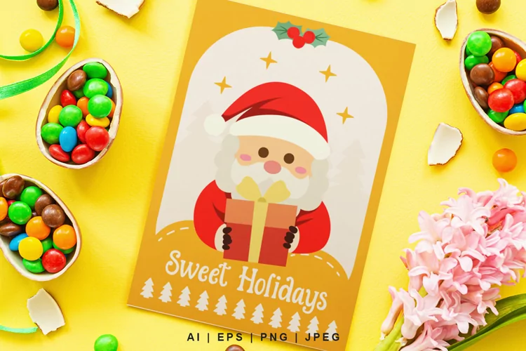 Sweet Holidays, Cute Santa with Gift for A5 Christmas Card