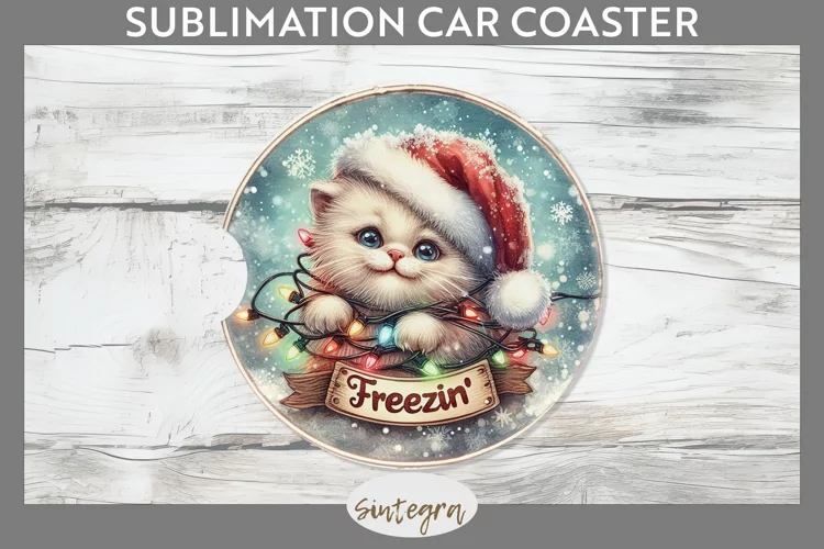 Christmas Vintage Freezin' Cat entangled Car Coaster Sublima