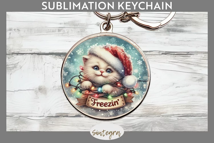 Christmas Vintage Freezin' Cat Entangled Round Keychain Subl