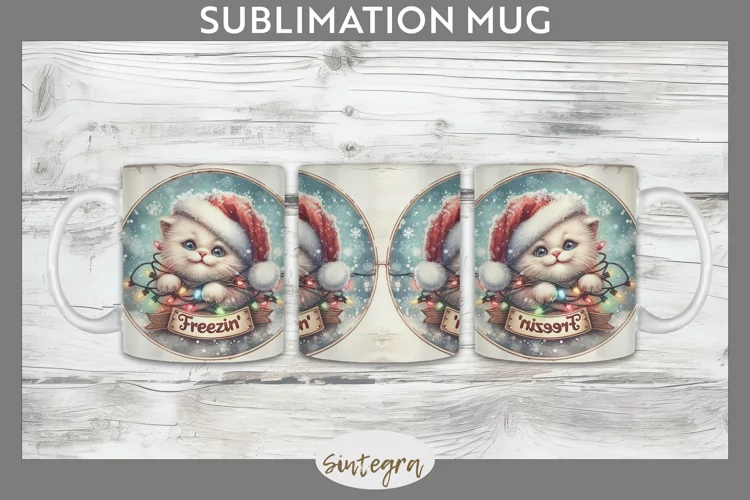Christmas Vintage Freezin' Cat Entangled Mug Wrap Sublimatio