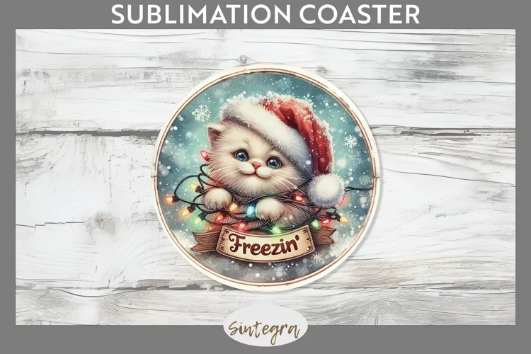 Christmas Vintage Freezin' Cat Entangled Round Coaster Subli