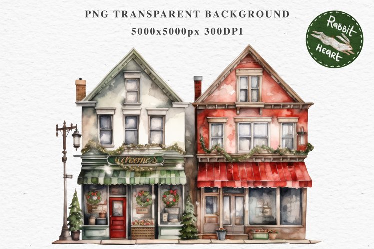 Christmas Vintage Storefront Store House Winter Shop Clipart Nursery wall art card making collage printable files xmas decor junk journal sublimation santa watercolor Vintage Christmas Santa House clipart, candy storefront, winter shop bakery Decor