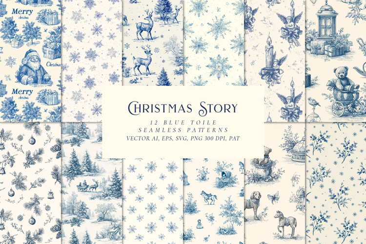 Christmas Story 12 Blue Toile de Jouy Seamless Patterns