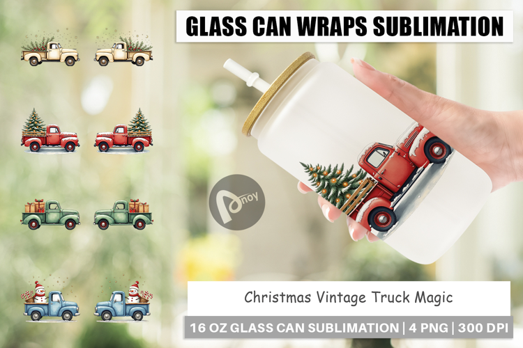 Christmas Vintage Truck Glass Can