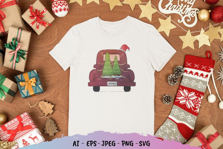 Vintage Christmas Tree Truck Watercolor