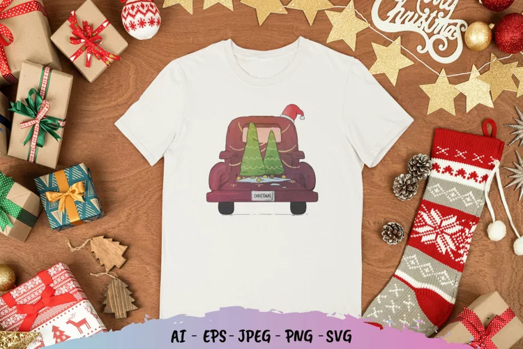 Vintage Christmas Tree Truck Watercolor