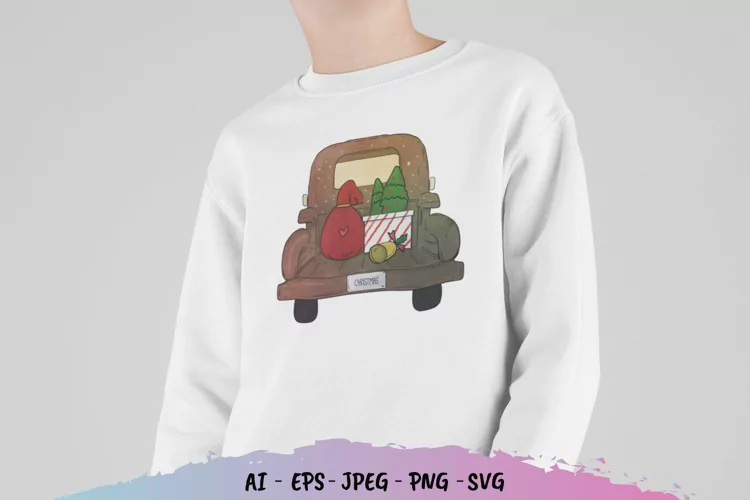 Vintage Christmas Decorations Truck Watercolor