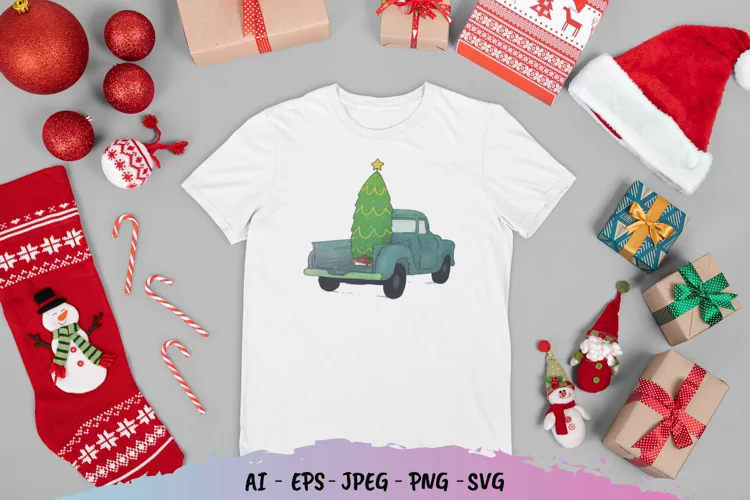 Vintage Christmas Tree Truck Watercolor