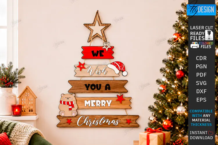 Wooden Christmas Tree Wall Decor Laser Cut | Christmas Signs