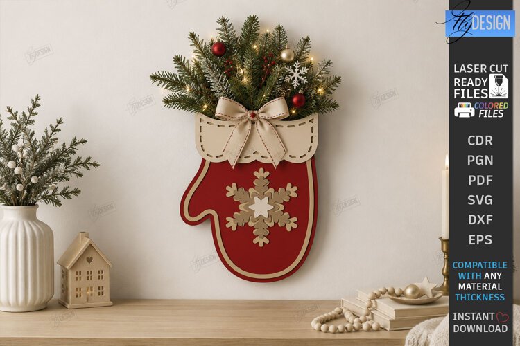 Wooden Christmas Wall Decor Laser Cut | Mitten Laser Cut example image 1