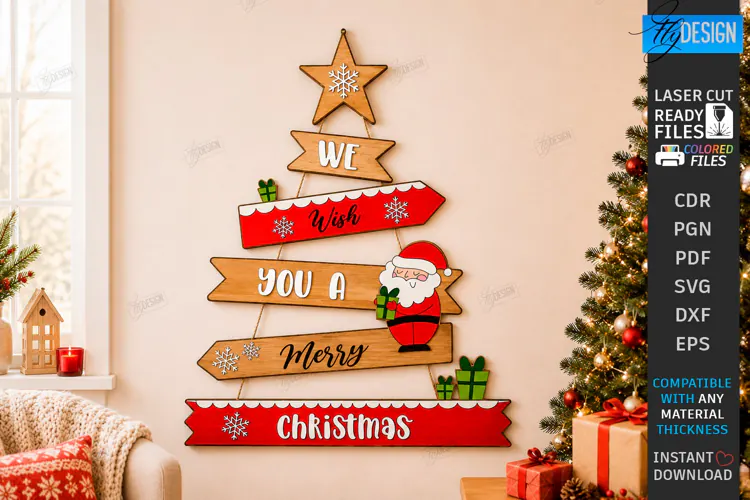 Wooden Christmas Tree Wall Decor Laser Cut | Christmas Signs