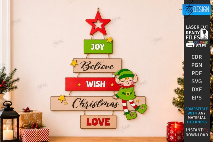Wooden Christmas Tree Wall Decor Laser Cut | Christmas Signs example image 1