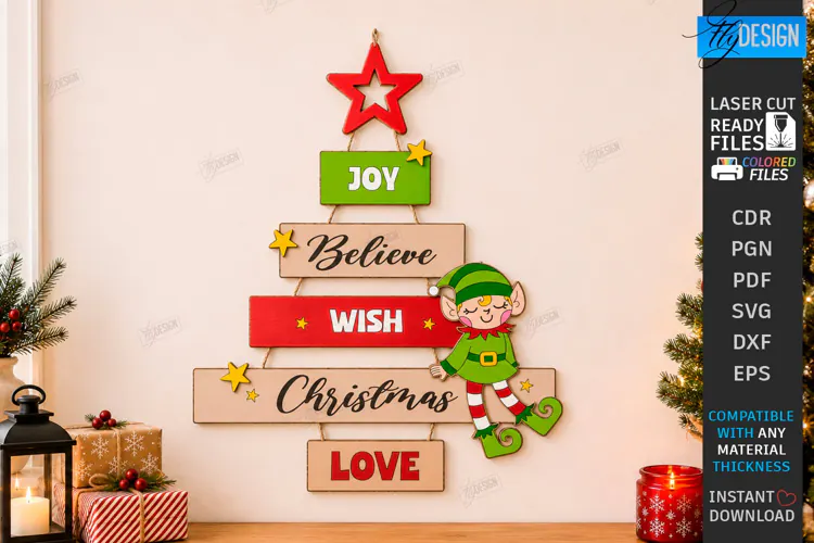 Wooden Christmas Tree Wall Decor Laser Cut | Christmas Signs