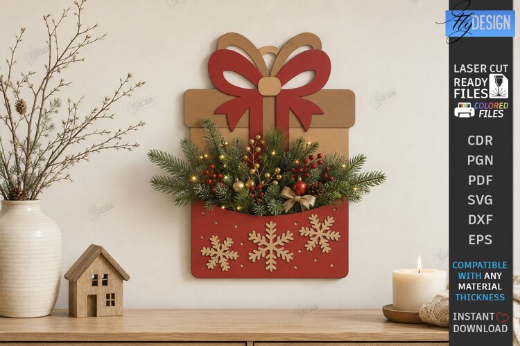 Wooden Christmas Wall Decor Laser Cut | Christmas Gift Box example image 1