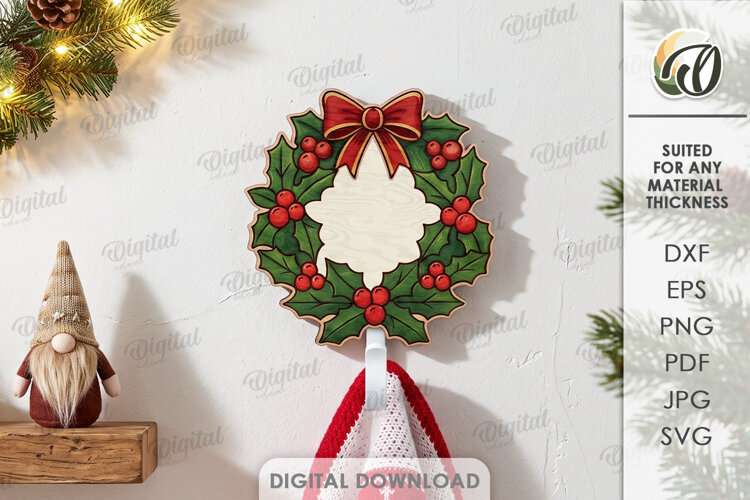 Christmas Hook Lasercut. Wall Coat Hook.Christmas Wreath SVG example image 1