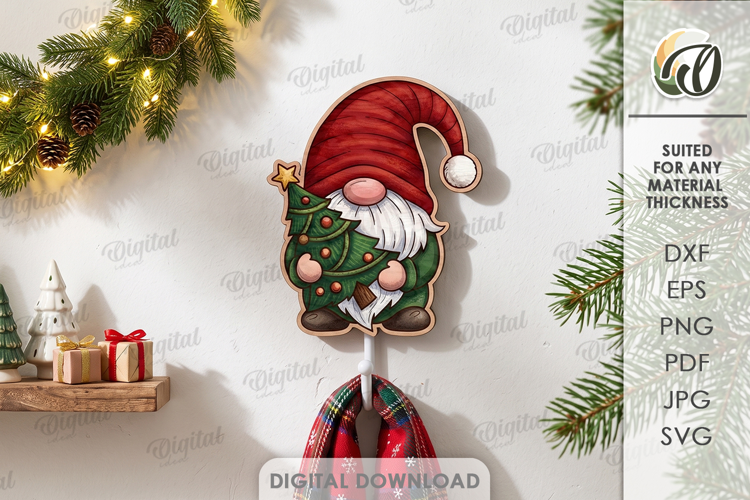 Christmas Hook Laser Cut. Wall Coat Hook. Gnome SVG