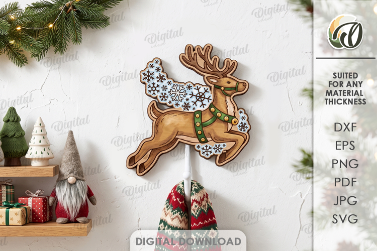 Christmas Hook Laser Cut. Wall Coat Hook. Reindeer SVG