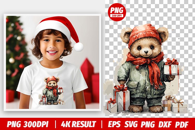 Christmas Watercolor Bear Hold Gifts Sublimation Clipart PNG