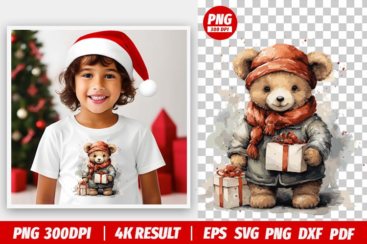 Christmas Watercolor Bear Hold Gifts Sublimation Clipart PNG