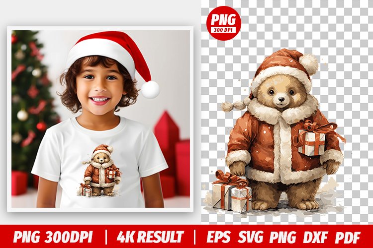 Christmas Watercolor Bear Hold Gifts Sublimation Clipart PNG