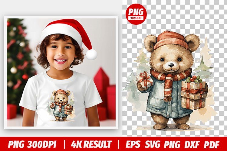 Christmas Watercolor Bear Hold Gifts Sublimation Clipart PNG