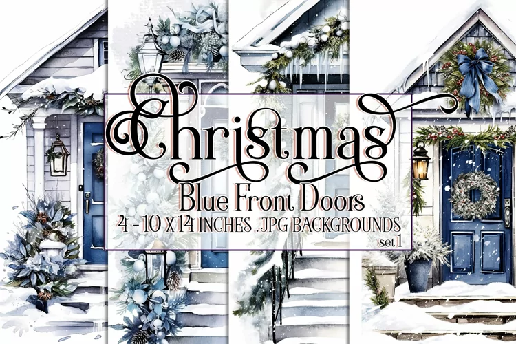 Christmas Backgrounds, 10x14 Watercolor Front Door, Blue, s1