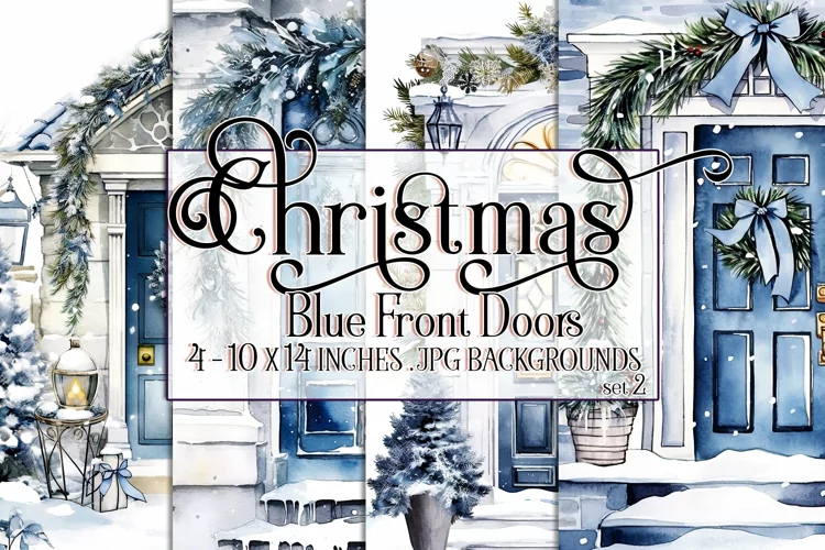 Christmas Backgrounds, 10x14 Watercolor Front Door, Blue, s2