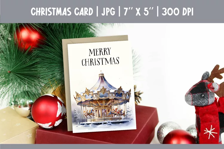 Merry Christmas Card Printable | Watercolor Carousel PNG